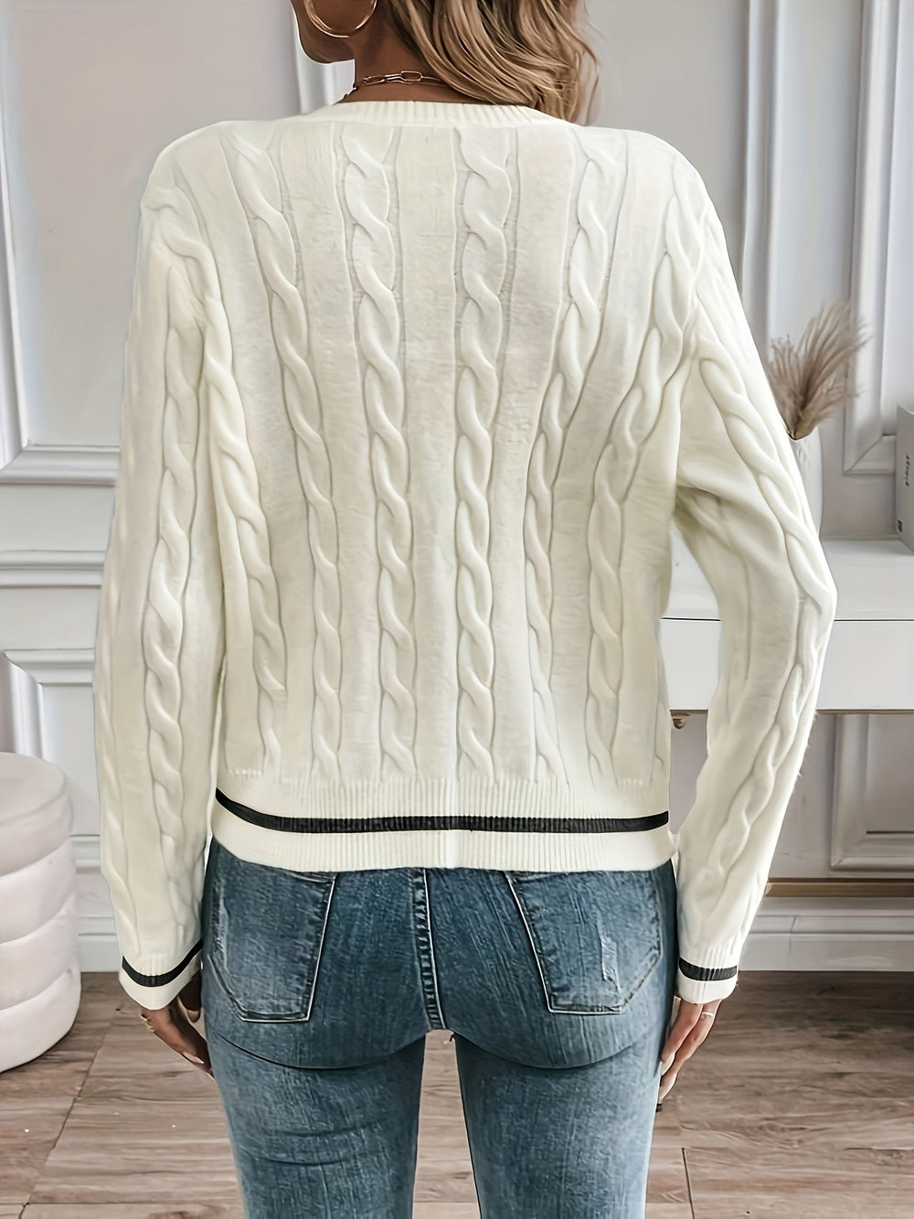 Josephine cardigan worn casually with jeans, front view