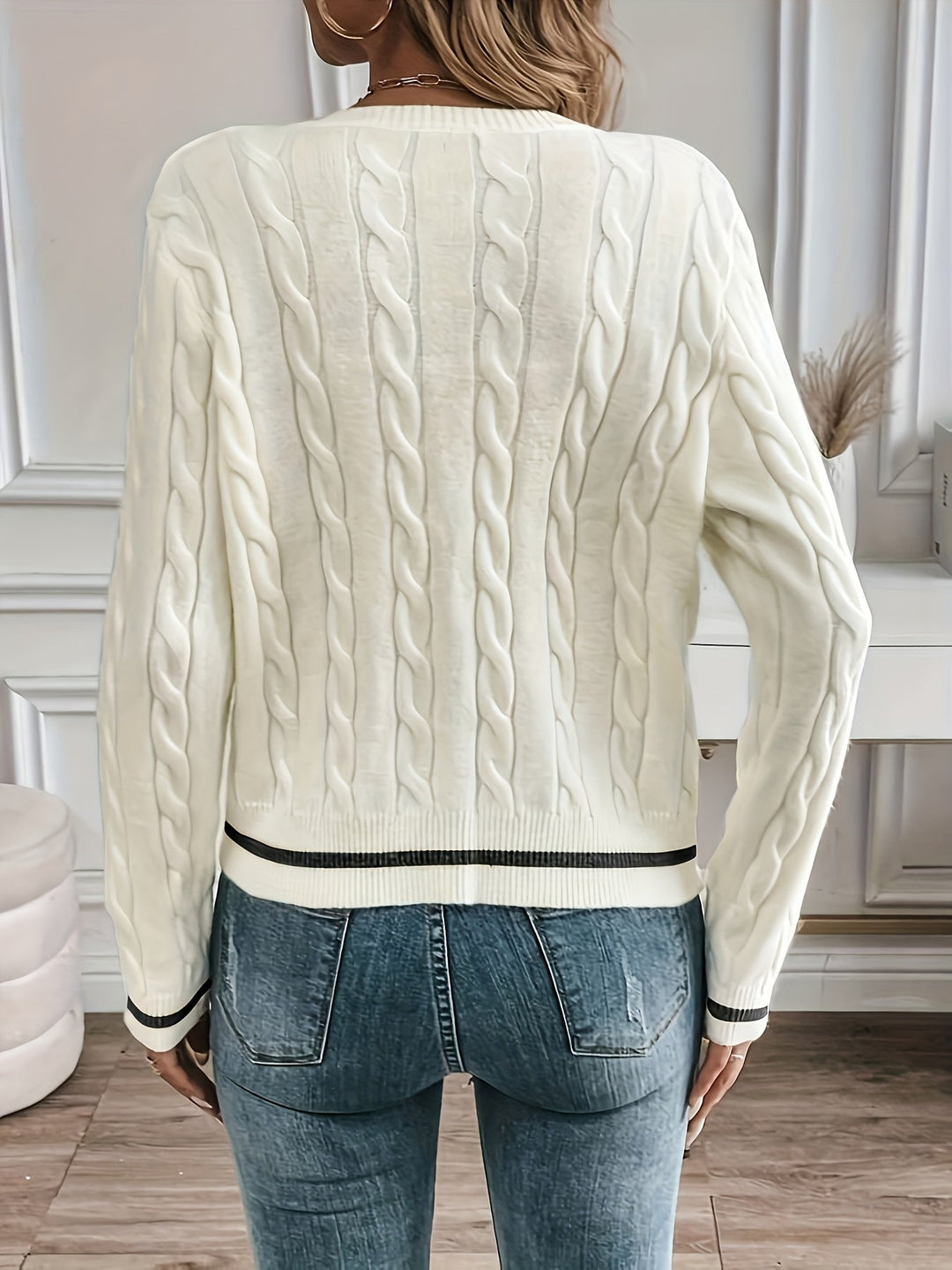 Josephine cardigan worn casually with jeans, front view