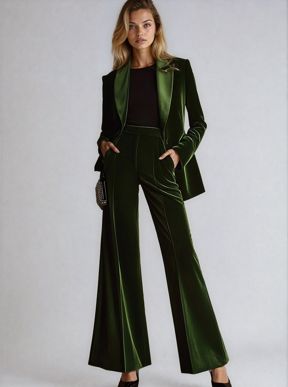 Costume vert velours élégant pour femmes avec blazer et pantalon large