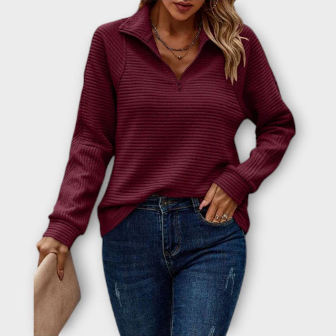 Geribde Dames Sweater met Kwartrits en Opstaande Kraag