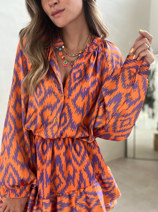 Summery Orange Women's Playsuit with Long Sleeves and Ruffles