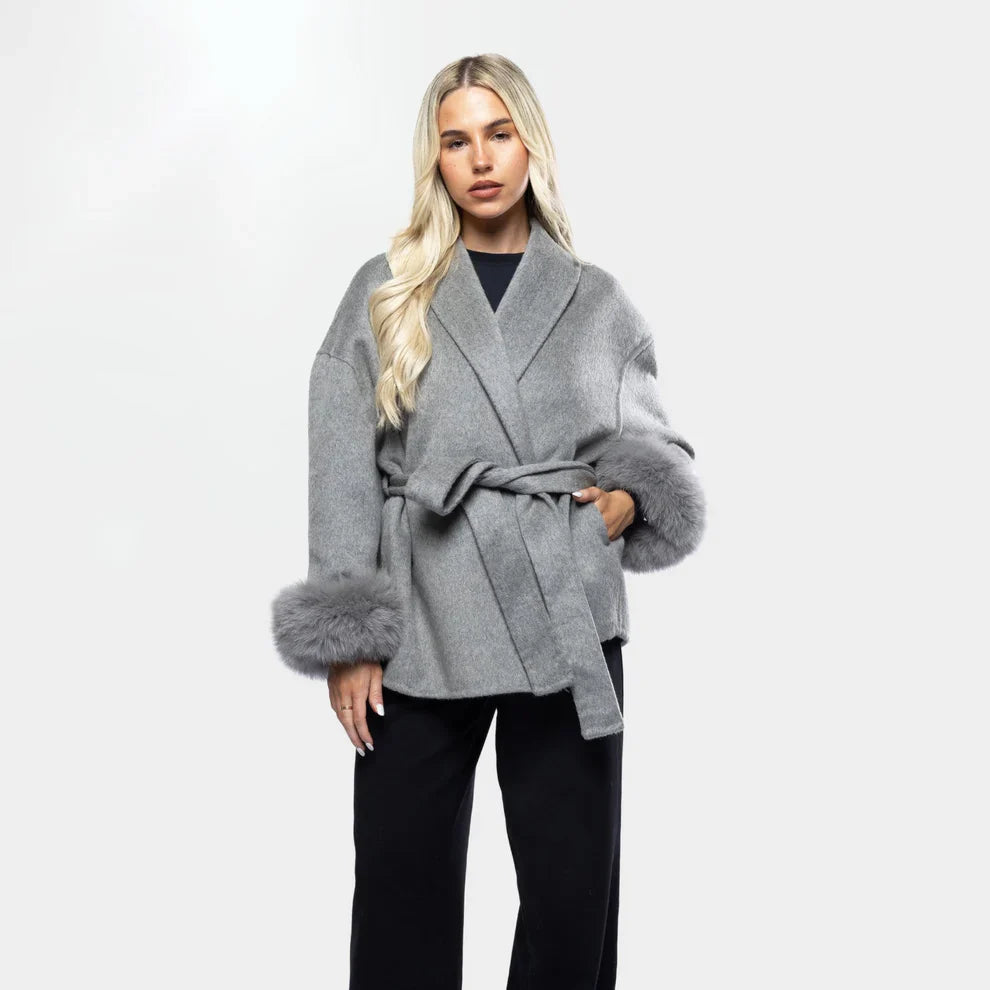 Luxe Dames Wolmix Jas met Ceintuur en Faux Fur Mouwen