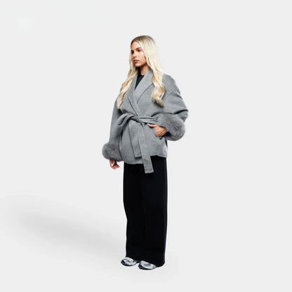 Luxe Dames Wolmix Jas met Ceintuur en Faux Fur Mouwen