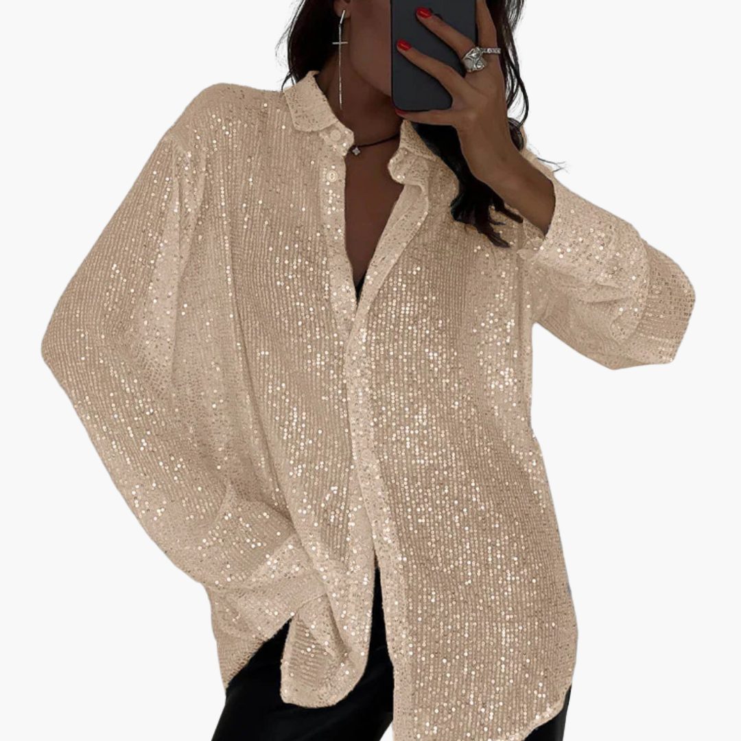 Glanzende Pailletten Dames Blouse met Knoopsluiting en Lange Mouwen