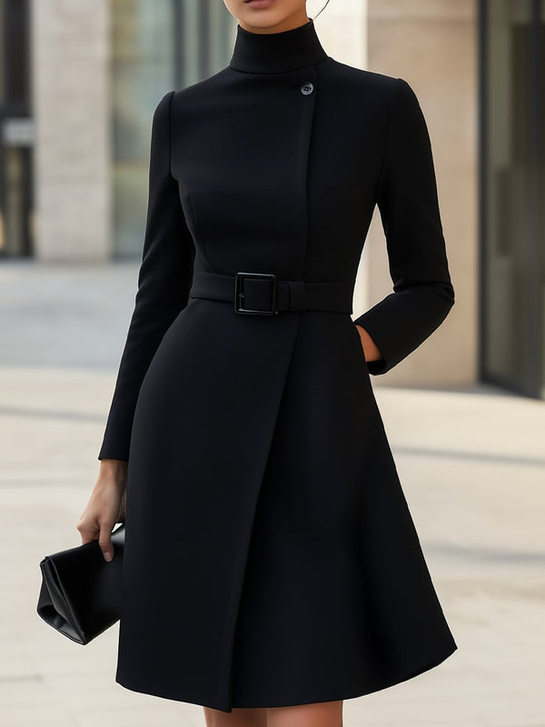 A-Line Elegant Midi Dress with Turtleneck and Waist Belt for Women