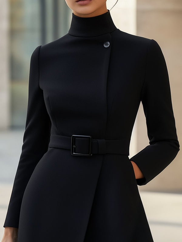 A-Line Elegant Midi Dress with Turtleneck and Waist Belt for Women
