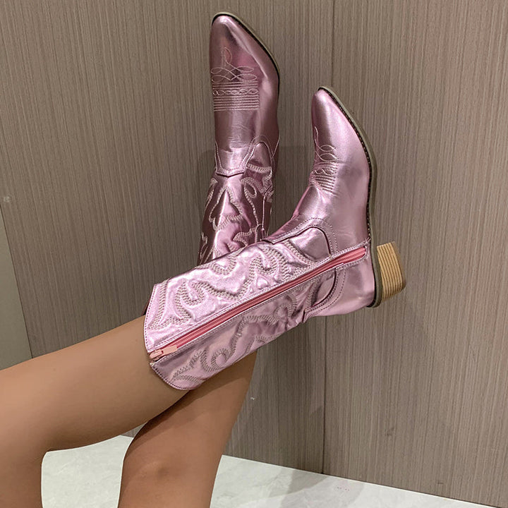 Jancy | Metallic Western Boots with Low Heel and Embroidery