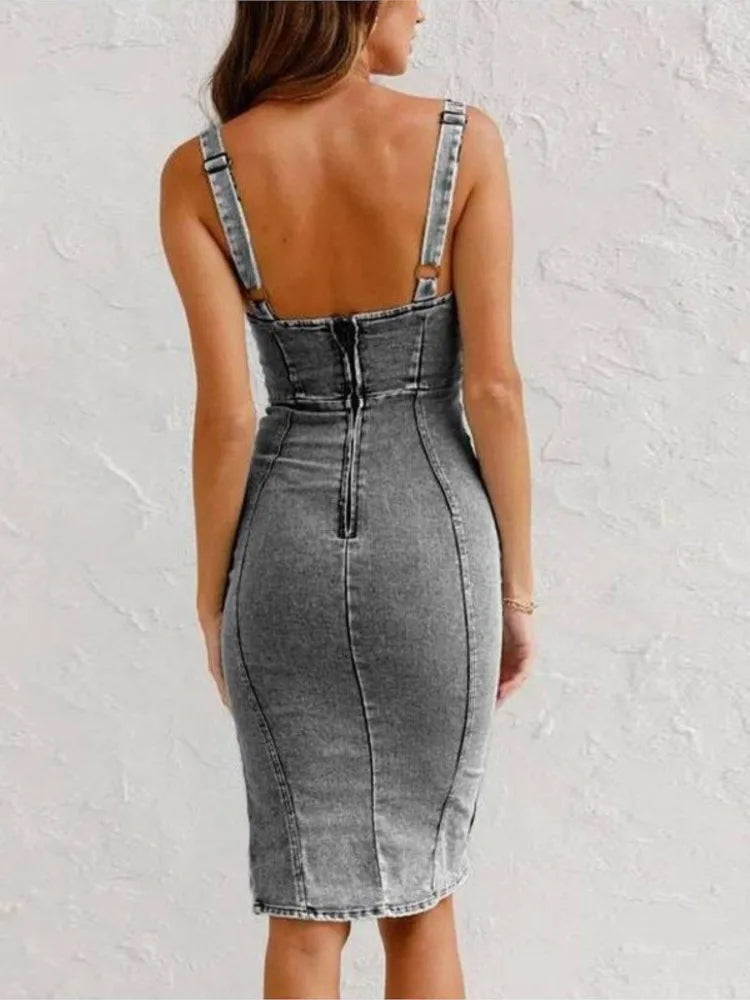 Robe midi en denim élégante et cintrée pour femme avec fente