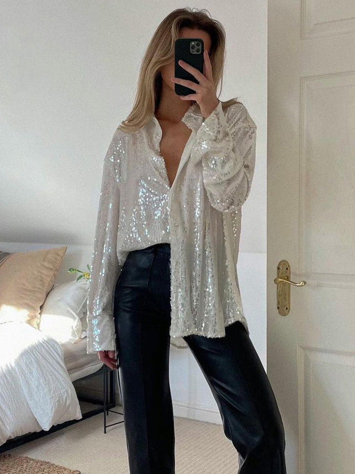 Oversized Pailletten Dames Blouse met Knoopsluiting en Lange Mouwen