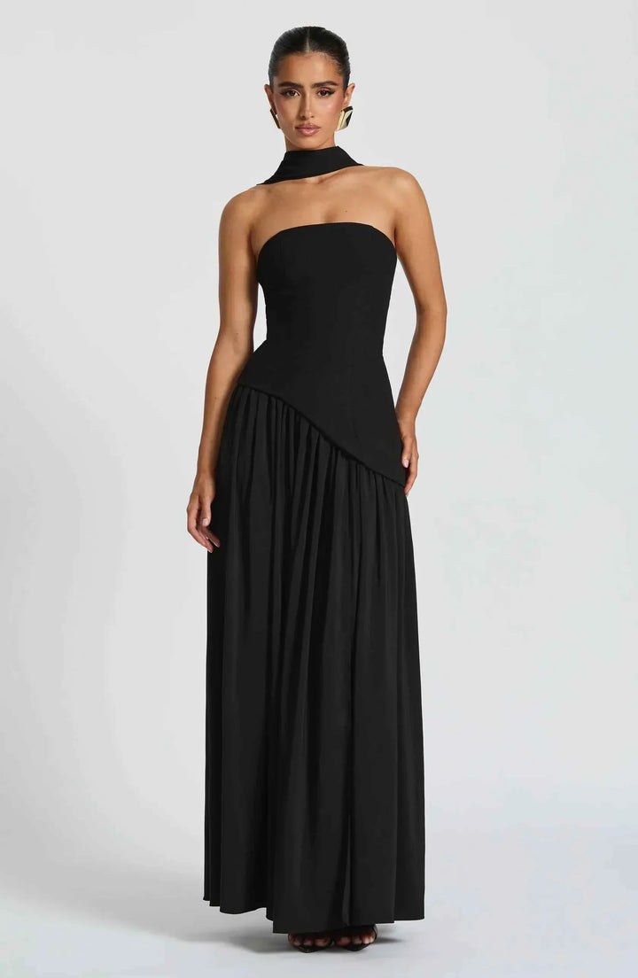 Robe Maxi Soirée Luxe avec Écharpe et Col Bustier