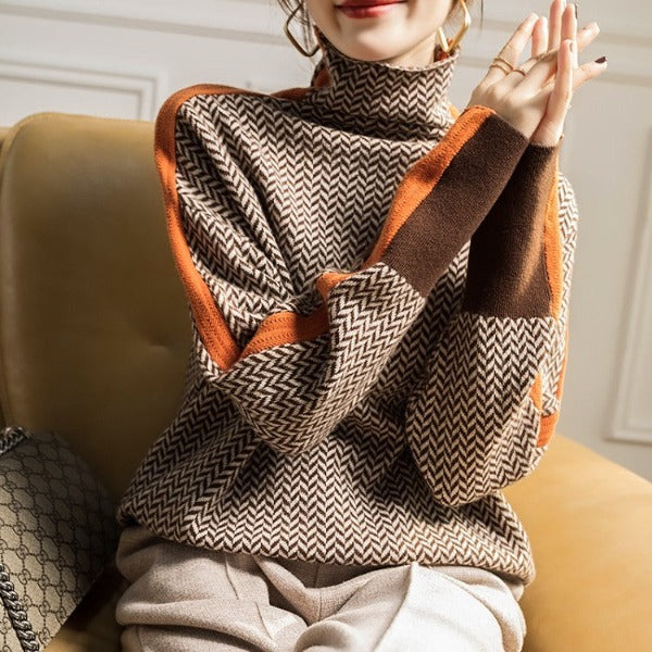 Oversized Gebreide Dames Coltrui met Contraststreep en Geribde Manchetten