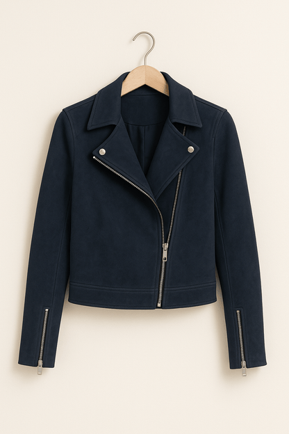 Dames Trendy Stijlvolle Suede Bikerjack met Rits en Kraag