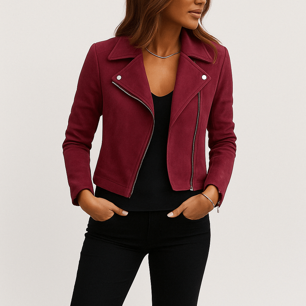 Dames Trendy Stijlvolle Suede Bikerjack met Rits en Kraag