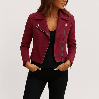Dames Trendy Stijlvolle Suede Bikerjack met Rits en Kraag