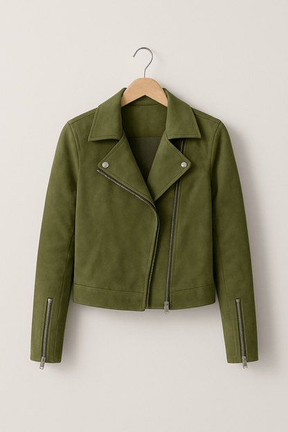 Dames Trendy Stijlvolle Suede Bikerjack met Rits en Kraag
