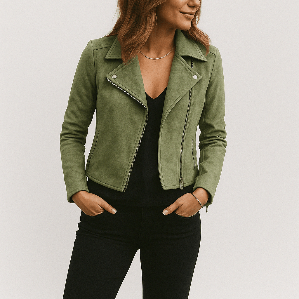 Dames Trendy Stijlvolle Suede Bikerjack met Rits en Kraag