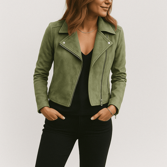 Dames Trendy Stijlvolle Suede Bikerjack met Rits en Kraag