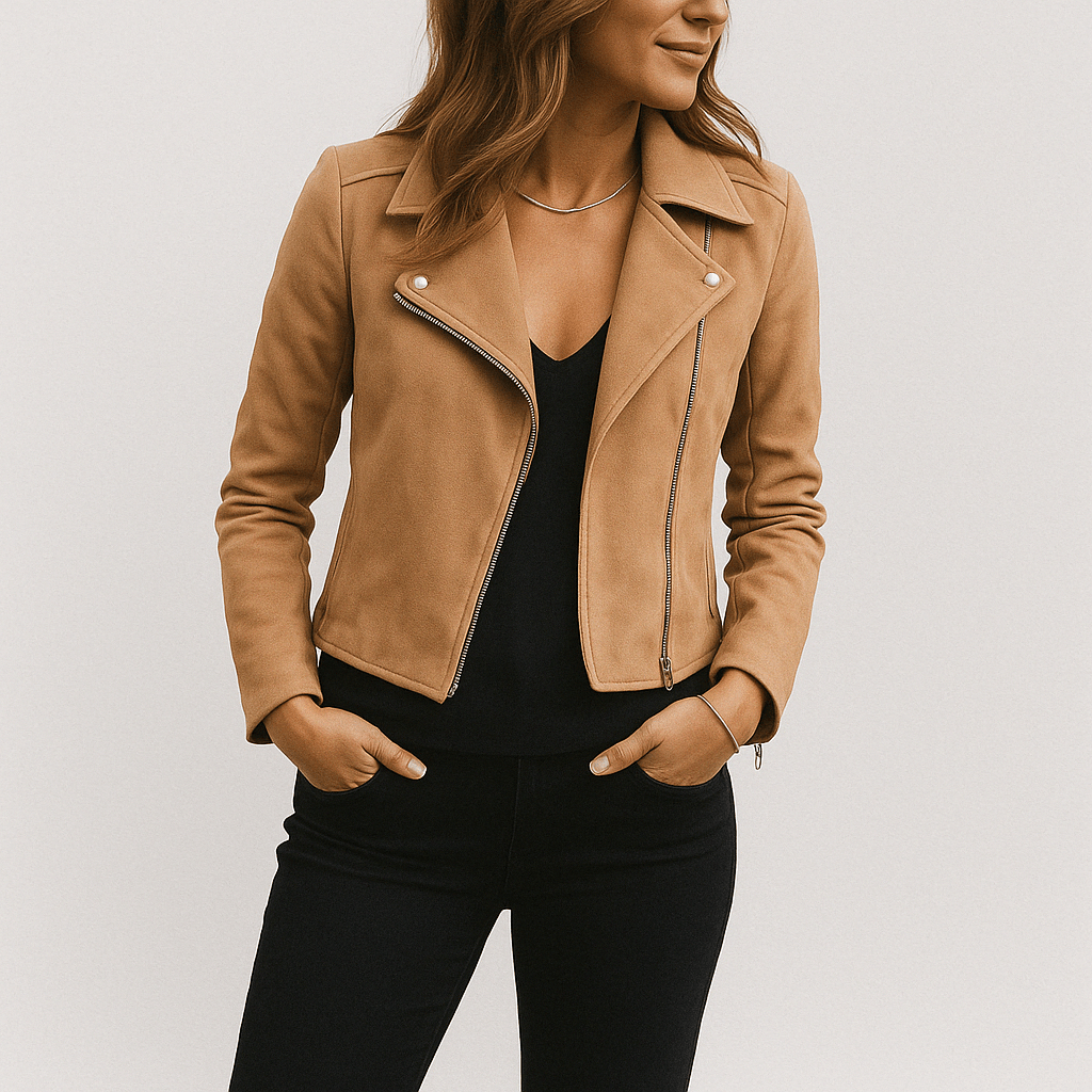 Dames Trendy Stijlvolle Suede Bikerjack met Rits en Kraag