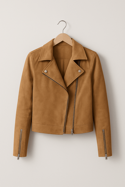 Dames Trendy Stijlvolle Suede Bikerjack met Rits en Kraag