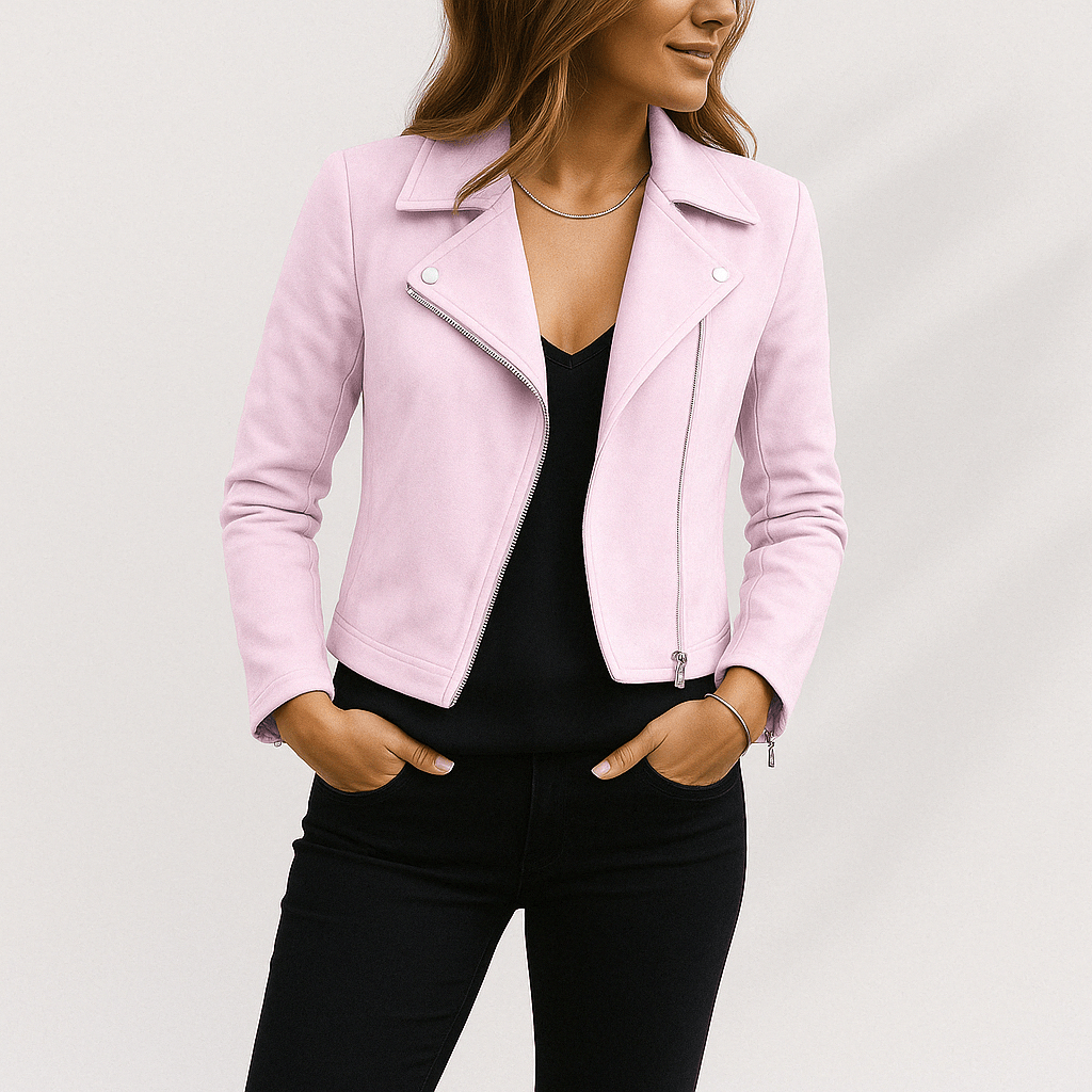 Dames Trendy Stijlvolle Suede Bikerjack met Rits en Kraag