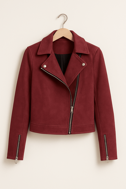 Dames Trendy Stijlvolle Suede Bikerjack met Rits en Kraag