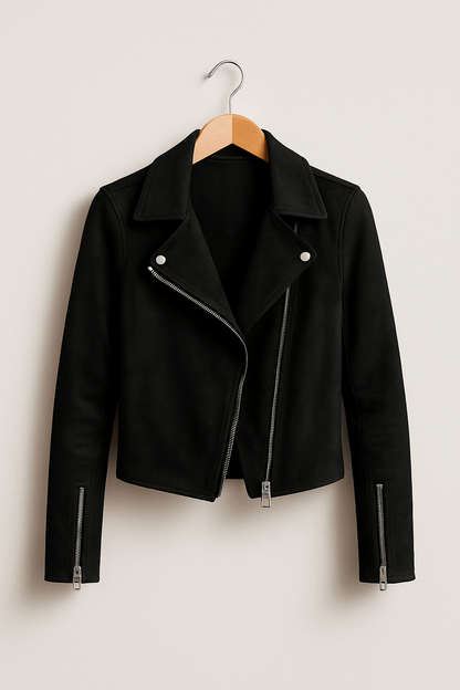 Dames Trendy Stijlvolle Suede Bikerjack met Rits en Kraag