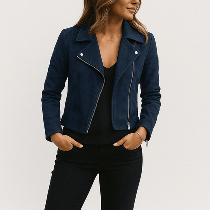 Dames Trendy Stijlvolle Suede Bikerjack met Rits en Kraag