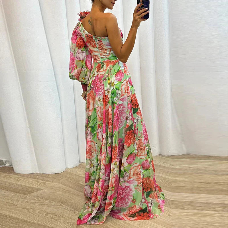 Gwenifer | Zomerse One-Shoulder Maxi Jurk met Bloemenprint