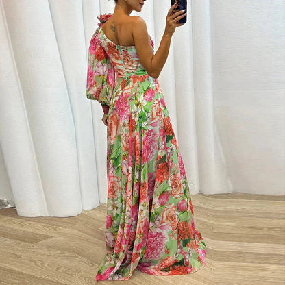 Gwenifer | Zomerse One-Shoulder Maxi Jurk met Bloemenprint