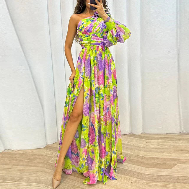 Gwenifer | Zomerse One-Shoulder Maxi Jurk met Bloemenprint