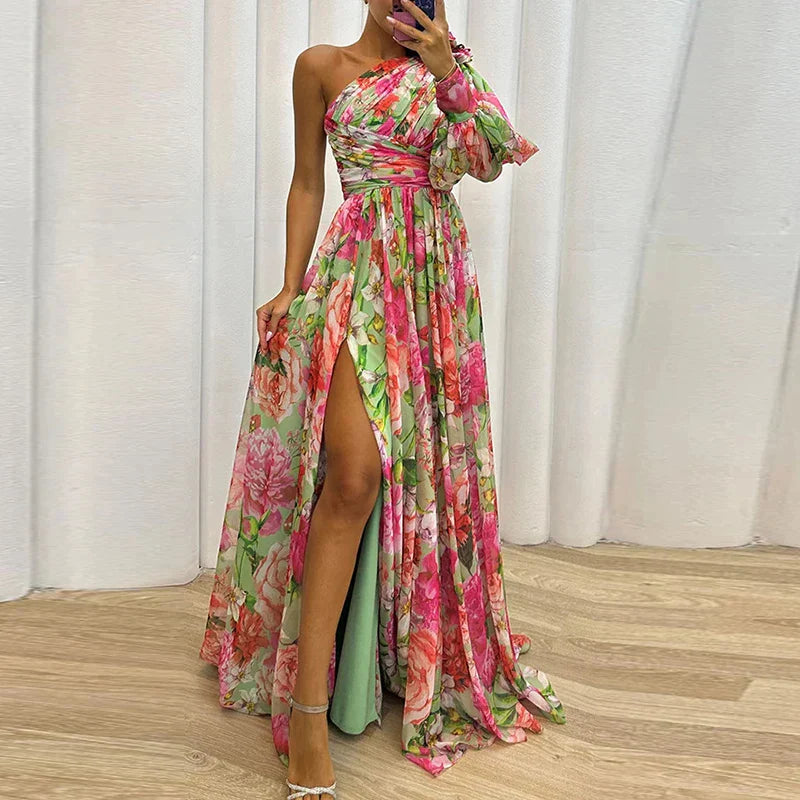 Gwenifer | Zomerse One-Shoulder Maxi Jurk met Bloemenprint