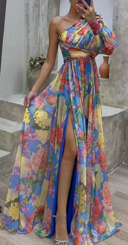 Gwenifer | Zomerse One-Shoulder Maxi Jurk met Bloemenprint
