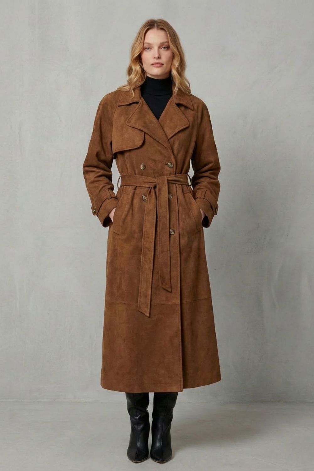 Women's Suede-Effect Double Breasted Belted Trench Coat - View 1
