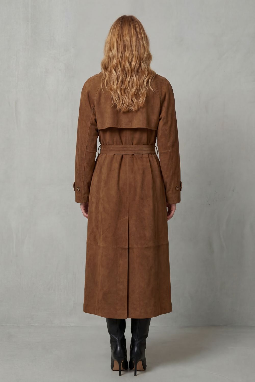Women's Suede-Effect Double Breasted Belted Trench Coat - View 3