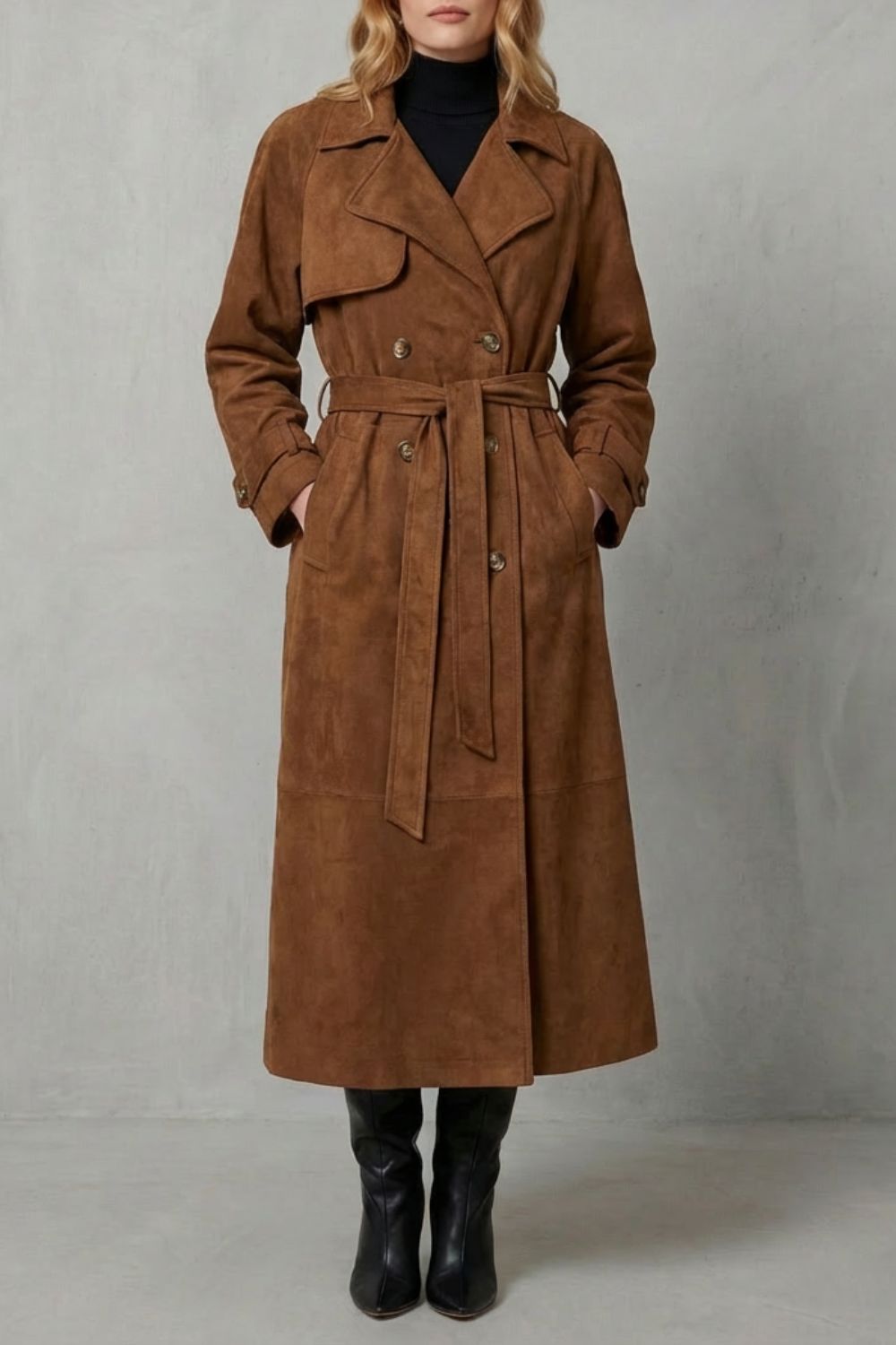 Women's Suede-Effect Double Breasted Belted Trench Coat - Brown - View 4