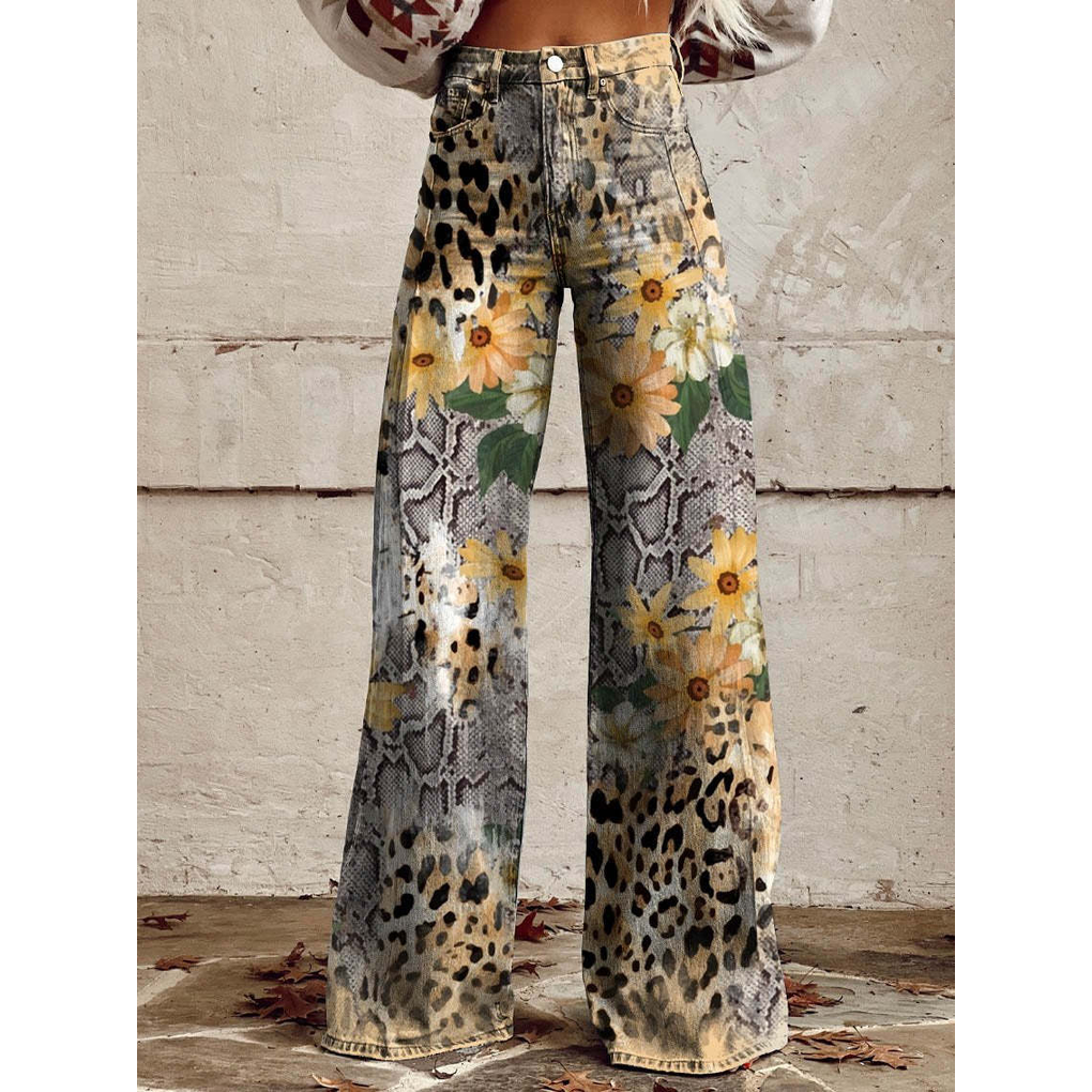 Trendy Women's Wide Jeans with Floral Print and High Waist