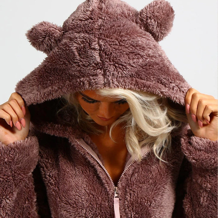 Onesie Polaire d'Hiver Stylé avec Capuche et Fermeture Éclair pour Femmes