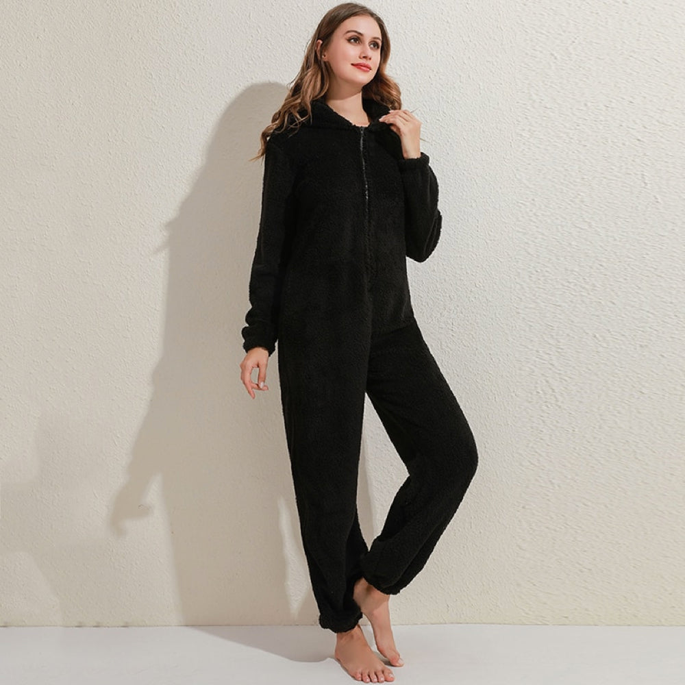Stijlvolle Winterse Fleece Onesie met Capuchon en Rits voor Vrouwen
