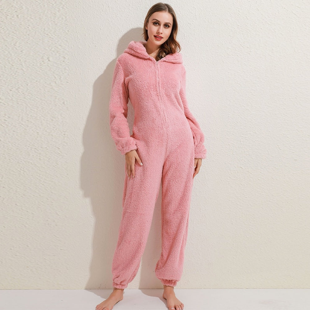 Onesie Polaire d'Hiver Stylé avec Capuche et Fermeture Éclair pour Femmes