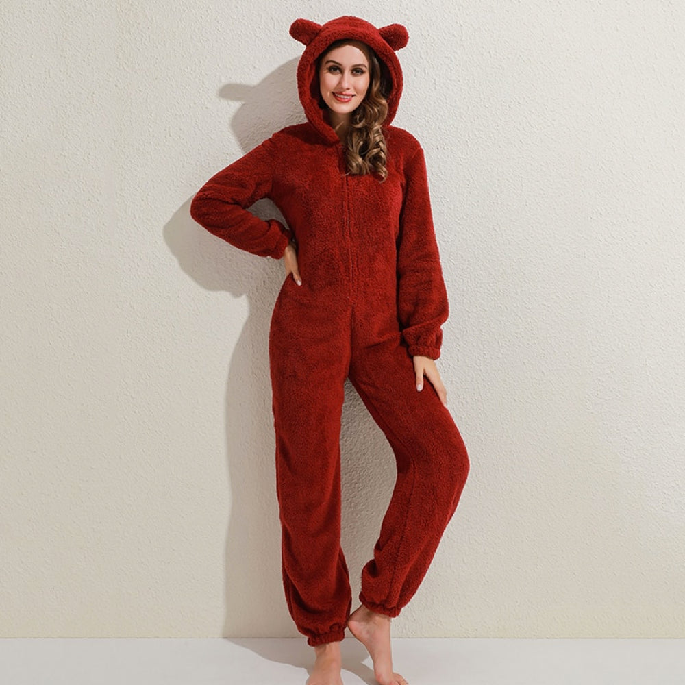 Onesie Polaire d'Hiver Stylé avec Capuche et Fermeture Éclair pour Femmes