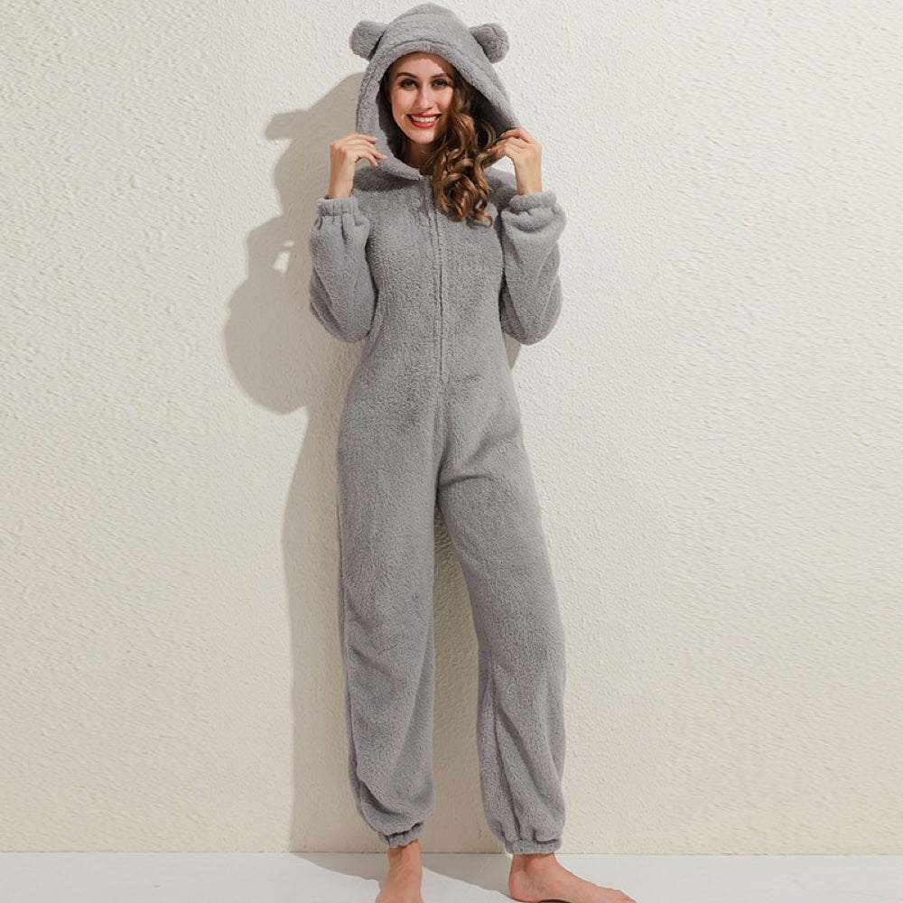 Stijlvolle Winterse Fleece Onesie met Capuchon en Rits voor Vrouwen