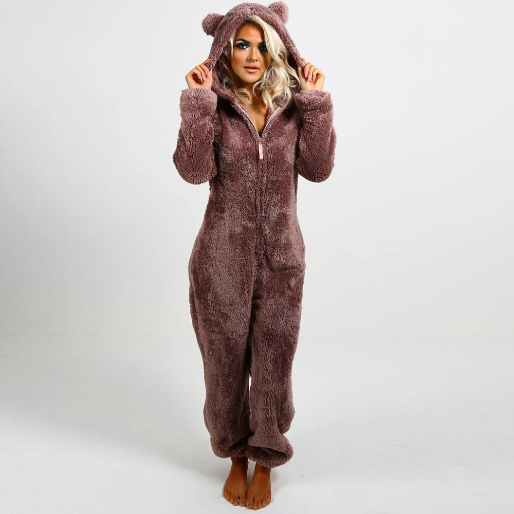 Stijlvolle Winterse Fleece Onesie met Capuchon en Rits voor Vrouwen