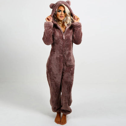 Stijlvolle Winterse Fleece Onesie met Capuchon en Rits voor Vrouwen