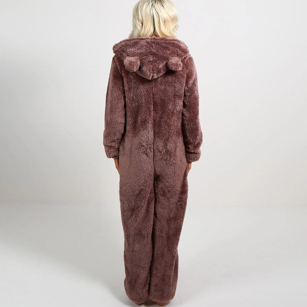 Onesie Polaire d'Hiver Stylé avec Capuche et Fermeture Éclair pour Femmes