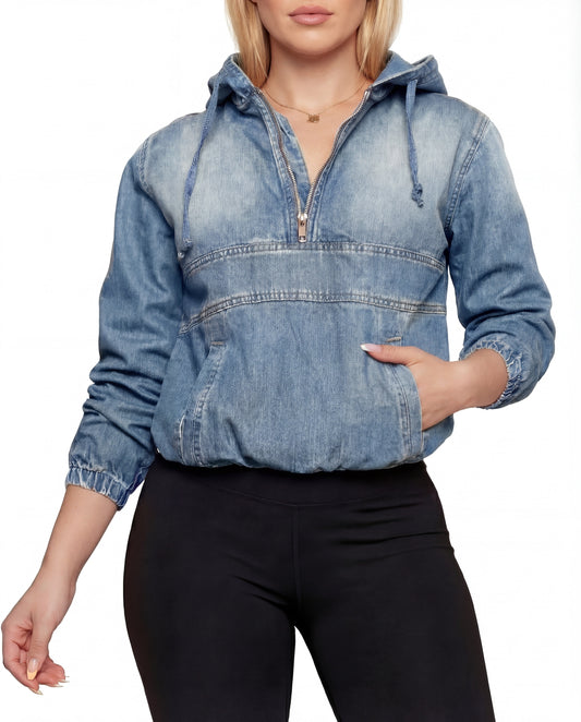 Casual Dames Denim Hoodie Met Rits En Capuchon
