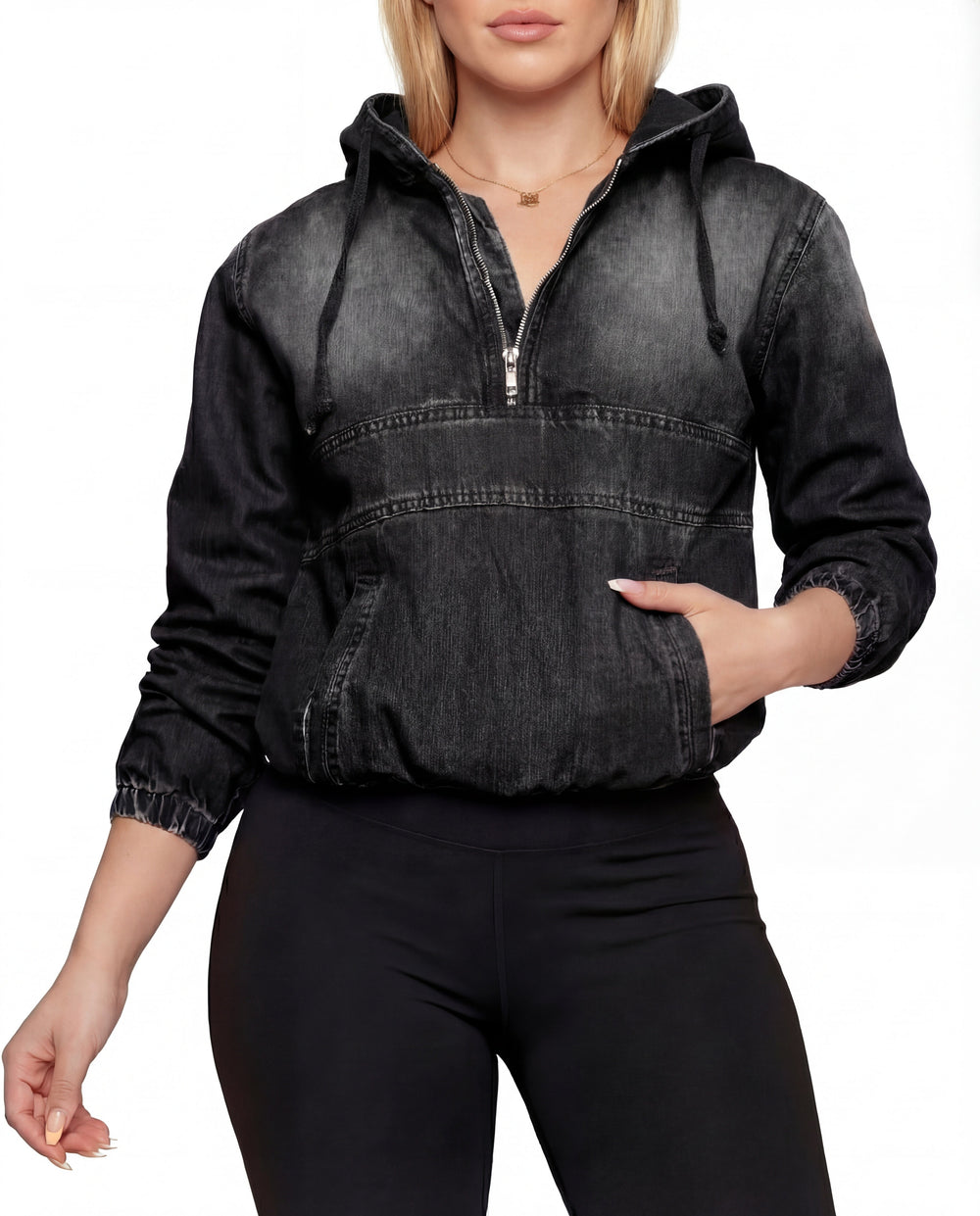 Casual Women's Denim Hoodie with Zipper and Hood