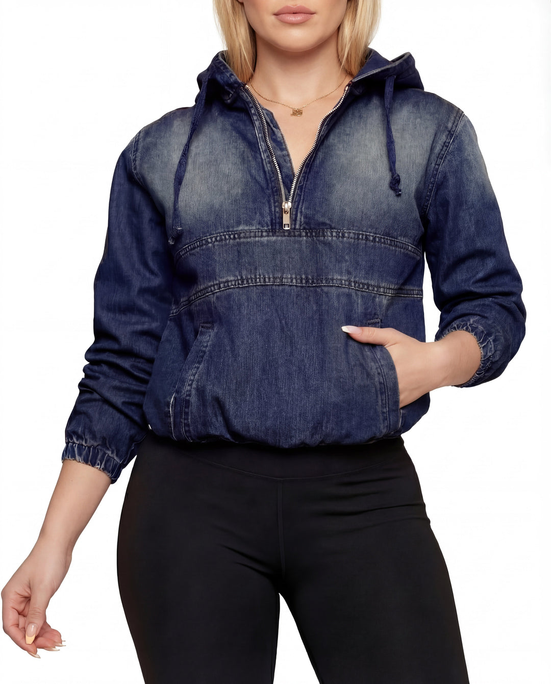 Casual Women's Denim Hoodie with Zipper and Hood