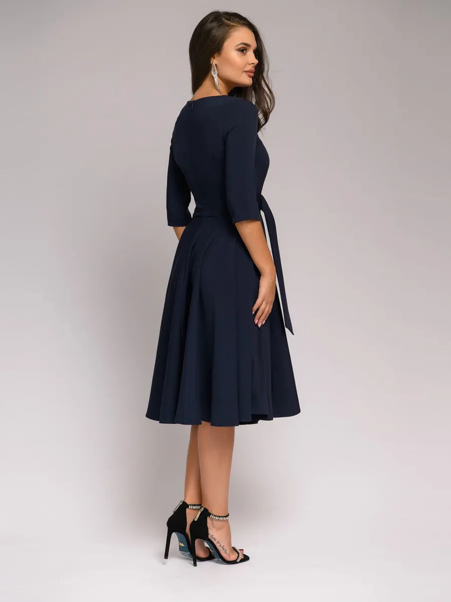 Kelli | Elegante Midi Jurk met Strikdetail en 3/4 Mouwen
