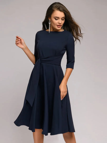Kelli | Elegante Midi Jurk met Strikdetail en 3/4 Mouwen