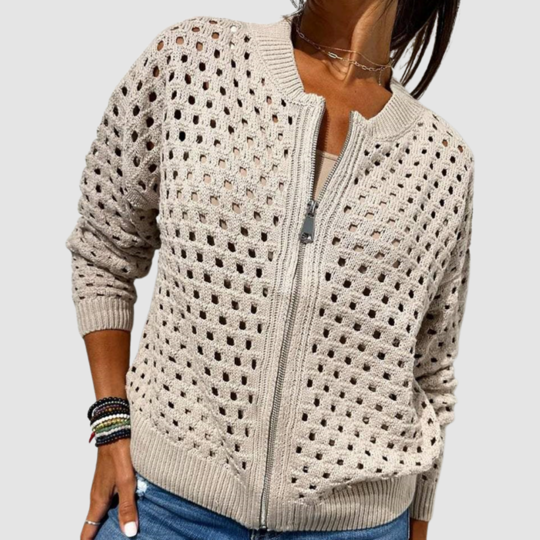 Orvyn | Women's Hollow Knit Zip-Up Cardigan - Beige - Image 1